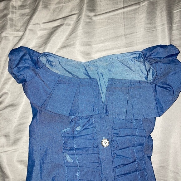 ONE LEFT 🤍🖤 Blue Denim Puff Sleeve Ruffle shirt - Picture 5 of 5